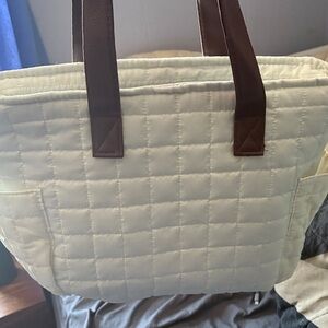 Quilted Cream Lunch Bag with Brown Handles